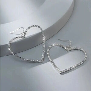 Big Heart Design Sparkling Rhinestone Earrings silver 2.2”x1.60”